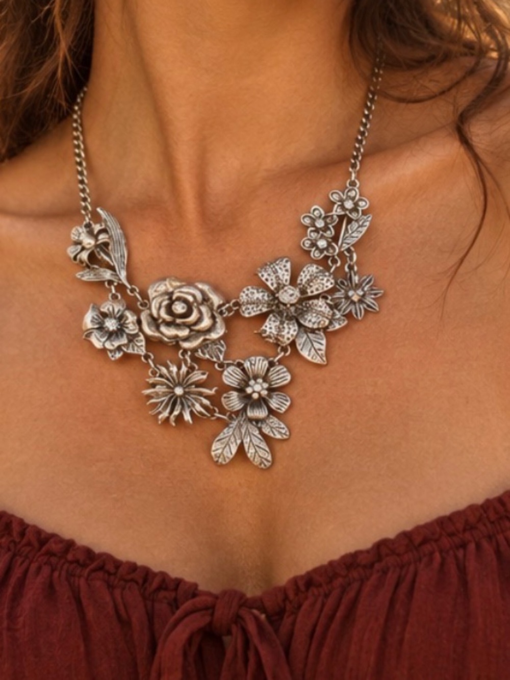 Boho Antique Look Silver Tone Floral Rhinestone Chain Statement Necklace